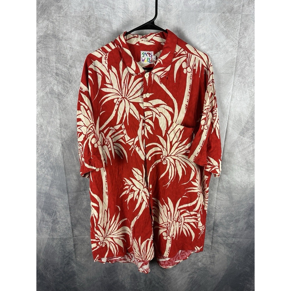Vintage Jams World XL Rayon Shirt Palm Tree Red 90s Hawaiian Hawaii Tropical